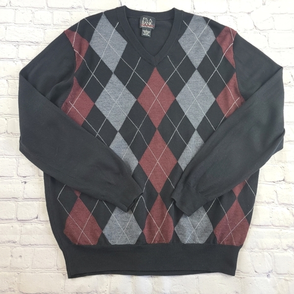 Jos. A. Bank Size Large Leadbetter Merino Golf Sweater Black Maroon Argyle - Picture 1 of 7